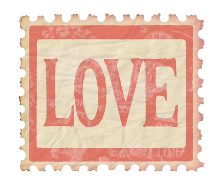 wrinkled postage stamp vintage love beige and red 