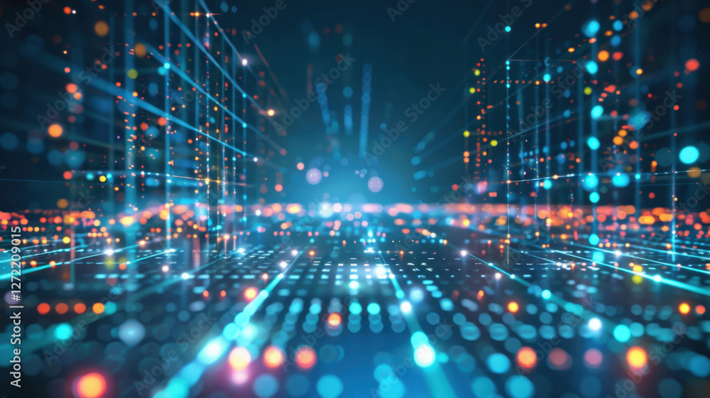 Poster vibrant digital landscape with glowing dots and lines representing data flow and technology. scene c