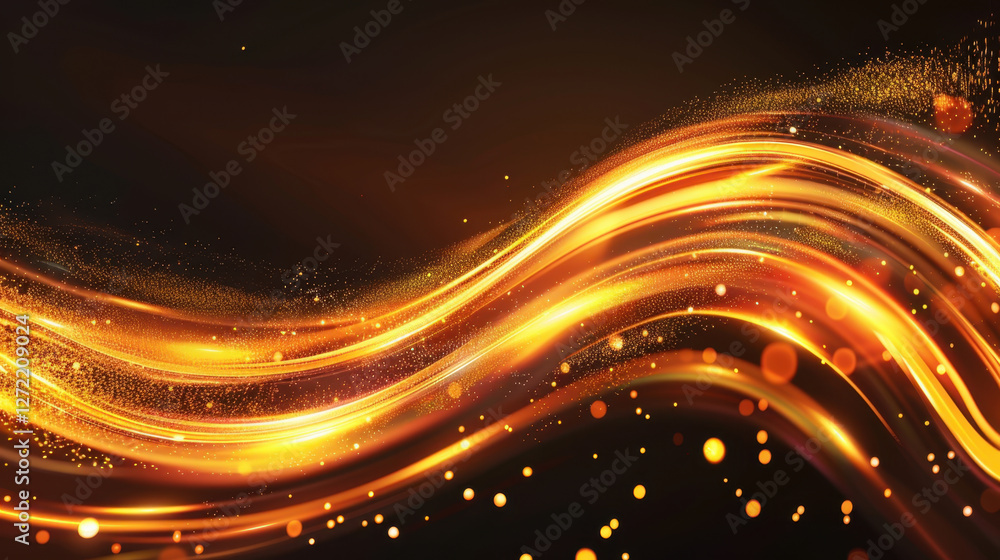 Poster abstract golden wave with sparkling particles creating dynamic flow, evoking sense of energy and mov