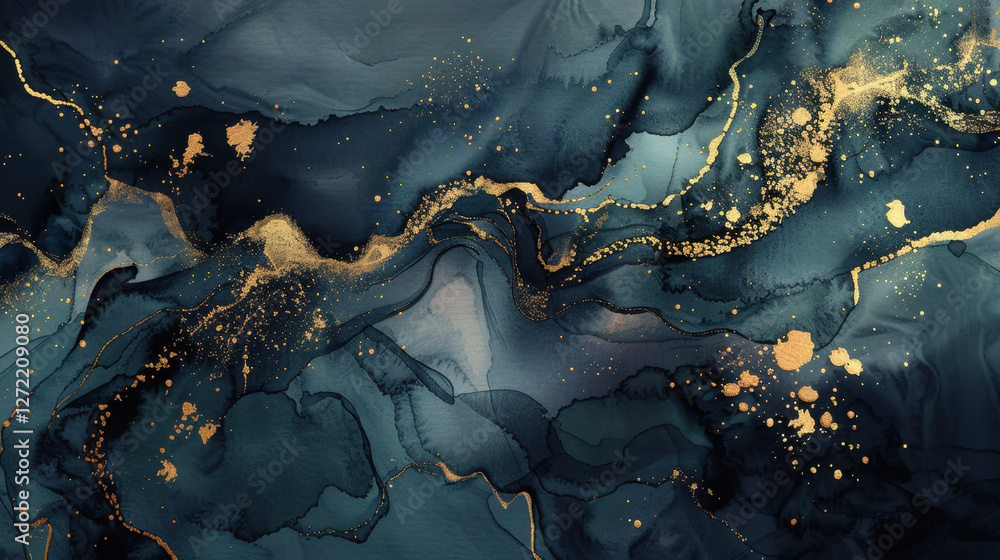 Poster abstract blue and gold fluid art with swirling patterns and textures, creating sense of depth and el