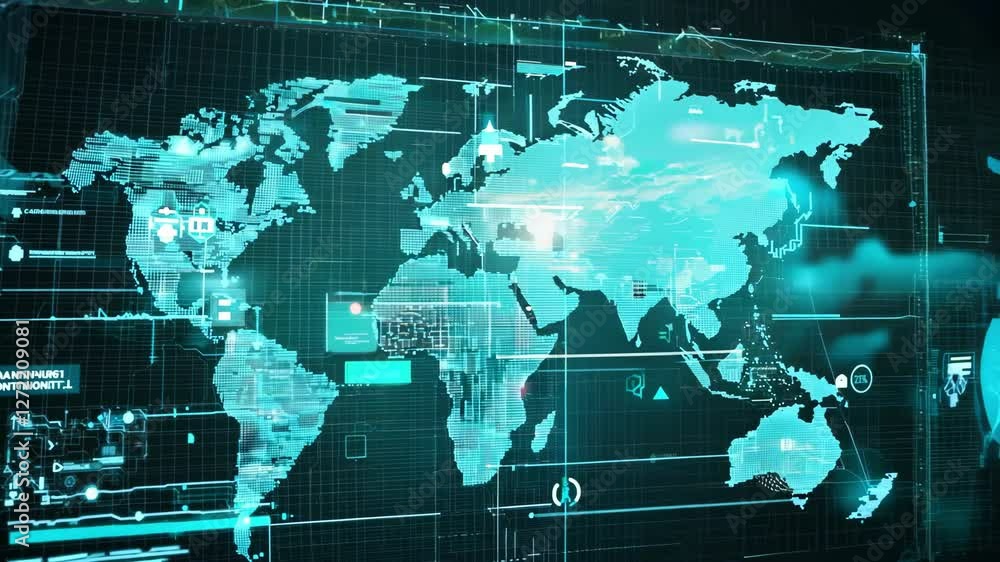 Poster a digital representation of the world map with dynamic data overlays illustrating global connections