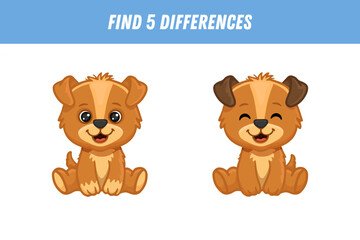Find 5 differences between two pictures of cute cartoon dog isolated on white background. Puppy in flat style. Funny animal. Activity page.