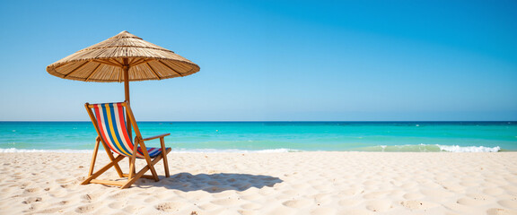 Relaxing beach chair under a straw umbrella with vibrant colors against a clear blue sky and turquoise ocean, showcasing summer vibes