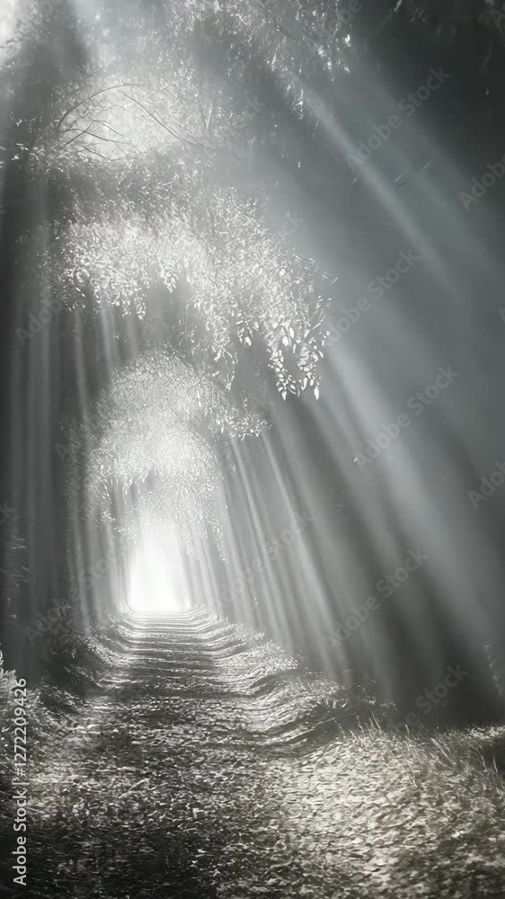 Poster light filters through trees creating a serene pathway in a forest at dawn