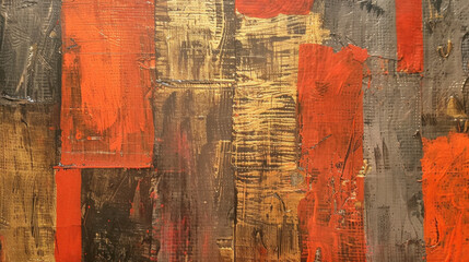 Abstract painting with bold red, gold, and gray textures creating dynamic visual experience. layered brushstrokes evoke sense of depth and movement