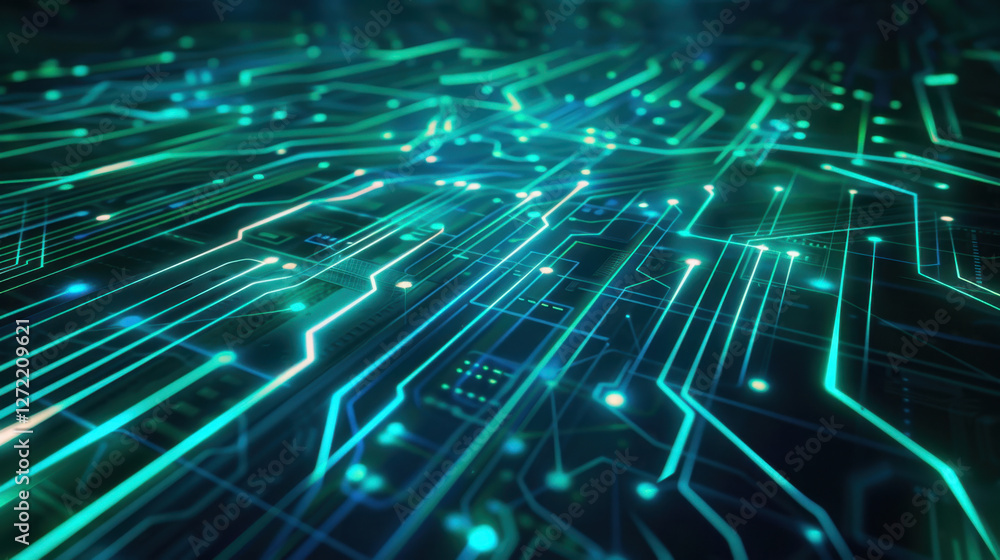 Poster vibrant digital circuit board with glowing lines and patterns, representing technology and innovatio