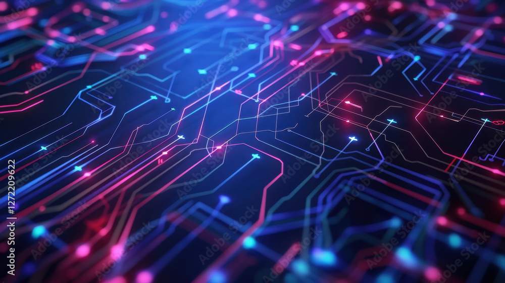 Poster vibrant abstract representation of digital circuits with neon colors, showcasing intricate patterns 