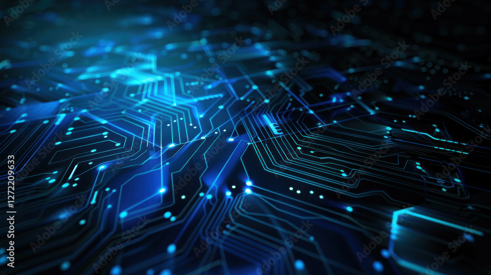 Poster close up view of blue circuit board with glowing lines and nodes, representing technology and digita