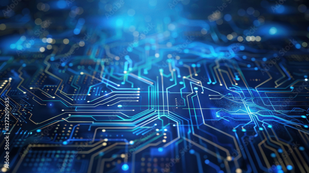 Poster digital circuit board with glowing blue lines and nodes, representing technology and innovation. int