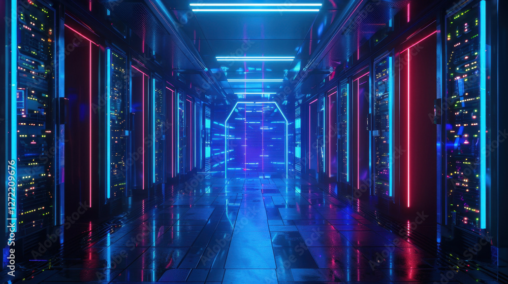 Poster futuristic data center with glowing neon lights and servers, creating vibrant and high tech atmosphe