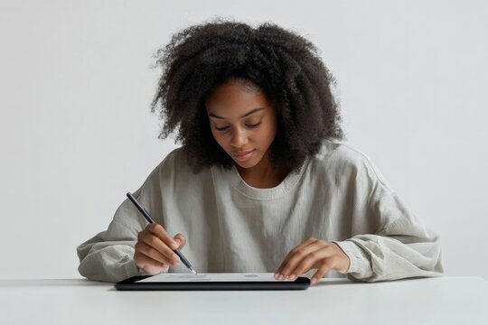 A young woman with curly hair uses a stylus to draw or write on a digital tablet.