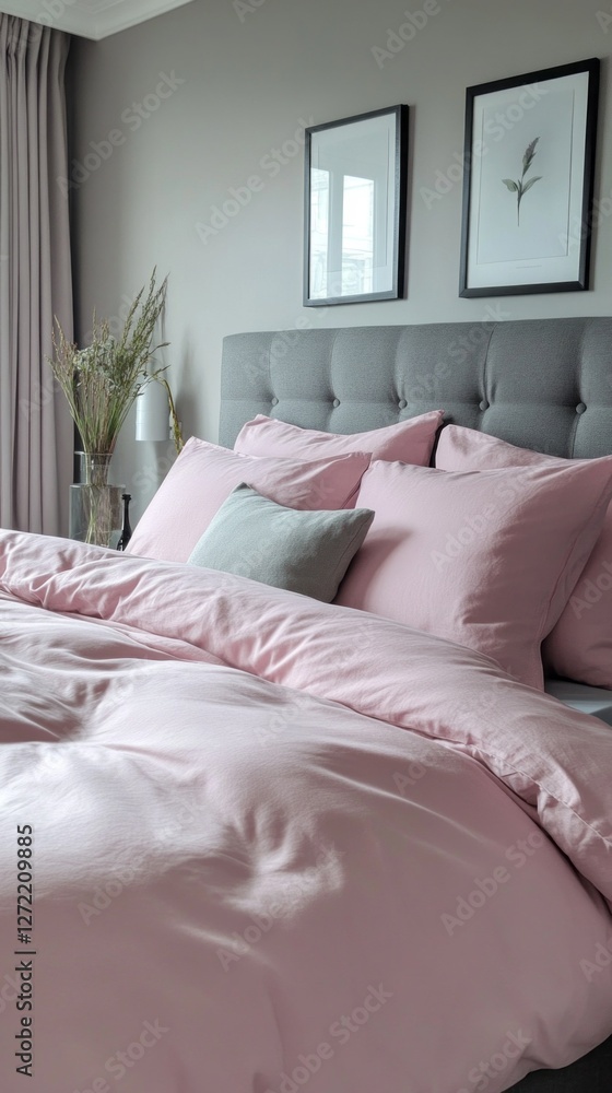 Poster soft pink queen bed sheets create a warm and inviting atmosphere in a stylish bedroom featuring a pl