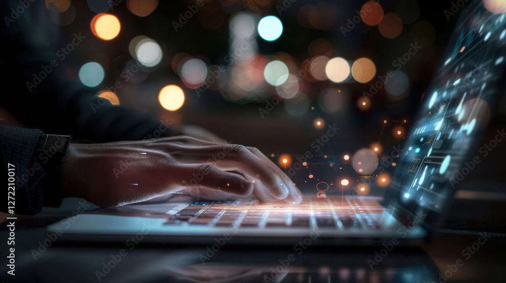 Poster person typing on laptop with glowing digital elements and bokeh lights in background, creating futur