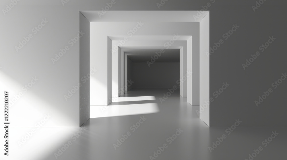 Poster modern interior space with multiple white walls and shadows creating depth. minimalist design emphas