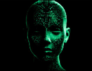 Abstract, pixelated human face on a black background. The scattered dots form a detailed, digital texture, giving the artwork a modern, futuristic feel with a hint of mystery.
