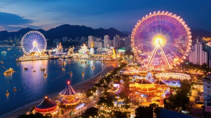 Fototapeta premium Illuminated ferris wheels and bustling carnival at coastal city at night