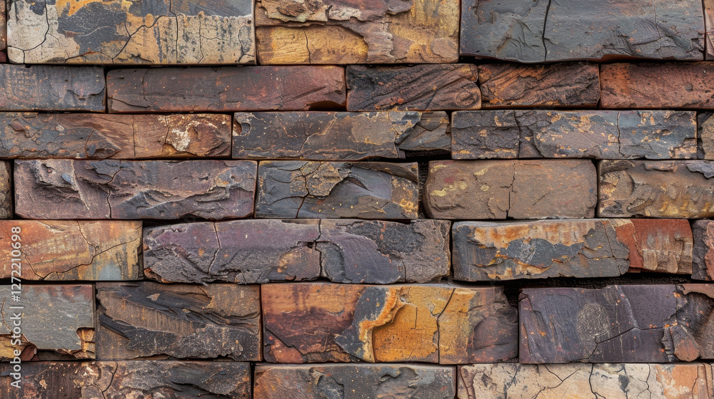 Poster textured wall made of colorful stone bricks, showcasing earthy tones and natural patterns. unique va