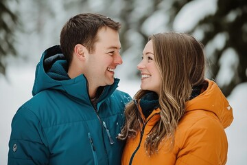 Fototapeta premium A happy couple in winter jackets look lovingly at each other in a snowy forest.