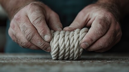 Hands crafting a rope knot on a workbench