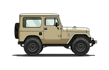 Obraz premium Clean vector of a beige classic short-wheelbase 4x4 SUV in side view with chunky tires. Perfect for adventure travel, camping, off-road rally, overlanding, automotive infographics