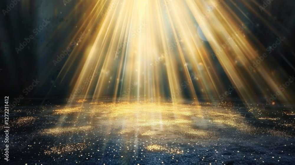 Poster golden light beams illuminate dark space, creating magical atmosphere with sparkling particles on gr