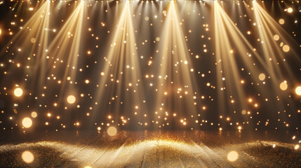 dazzling stage with golden lights and sparkling particles creates magical atmosphere, perfect for performances or celebrations