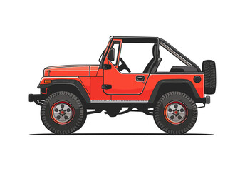 Vector of a rugged open-top red 4x4 off-road SUV in clean side view with lifted stance and chunky tires. Ideal for adventure travel, safari, outdoor camping, expeditions, automotive posters and rally 