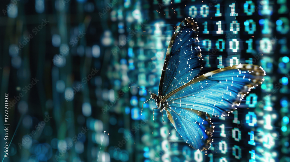 Poster vibrant blue butterfly against backdrop of binary code, symbolizing fusion of nature and technology.