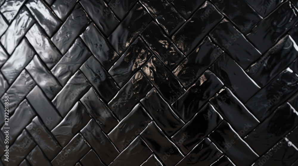 Aufkleber glossy black ceramic tiles arranged in herringbone pattern create modern and stylish surface. reflec