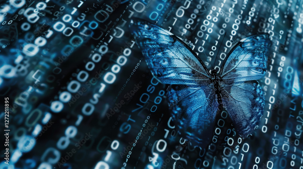 Poster stunning blue butterfly emerges from backdrop of binary code, symbolizing intersection of nature and