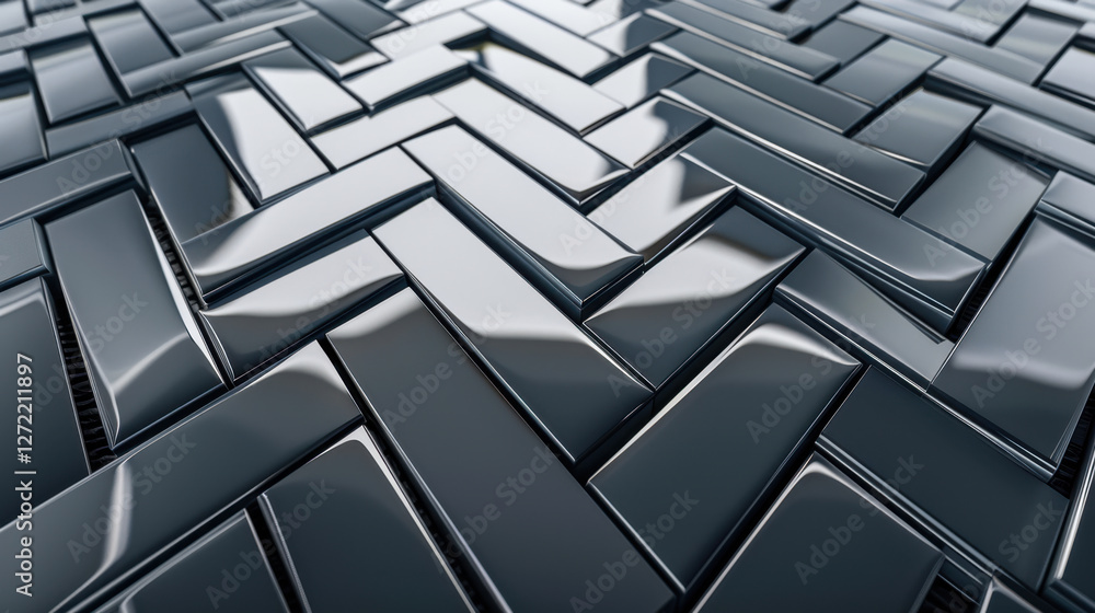 Poster glossy black tiles arranged in herringbone pattern create modern, sleek surface. reflective quality 