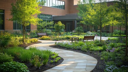Serene courtyard garden path, hospital building background, peaceful healing space