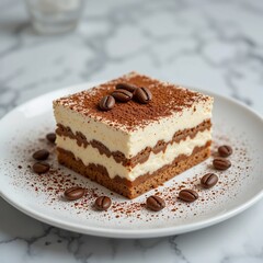 Delicious Tiramisu Dessert Slice Coffee Beans Cocoa Powder Close up