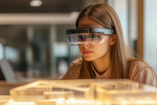 Young woman wearing smart glasses, examining an illuminated architectural model, likely using augmented reality for design review. - Powered by Adobe