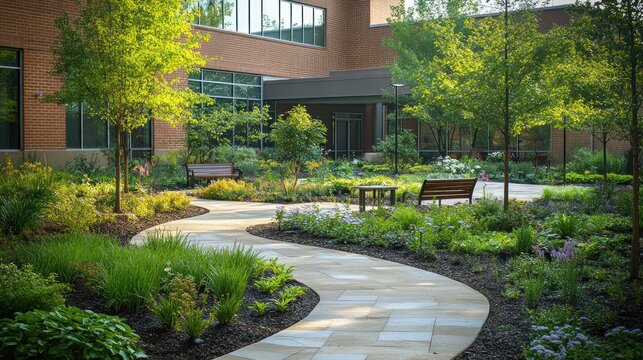 Serene courtyard garden path, hospital building background, peaceful healing space