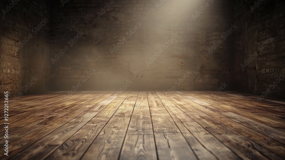 Poster dimly lit empty room with wooden floorboards and brick walls, creating moody atmosphere. light beams