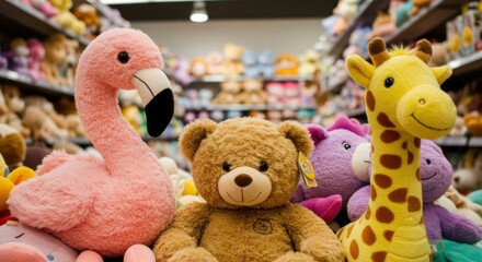A lovable teddy bear seated among colorful plush toys in a toy store, igniting fond memories of childhood and the affection toys bring to people.
