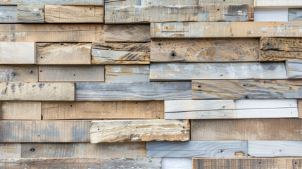 Naklejka premium Wooden wall made of various textured planks in natural colors, showcasing rustic charm and unique patterns. Perfect for interior design or construction projects