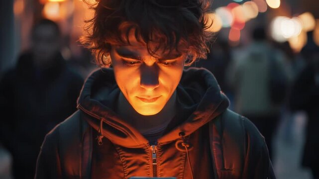 Generative AI. The impact of bullying on the Internet is a subtle scene showing a young man's dependence on gadgets by phone, a modern problem of society's dependence on the Internet	
