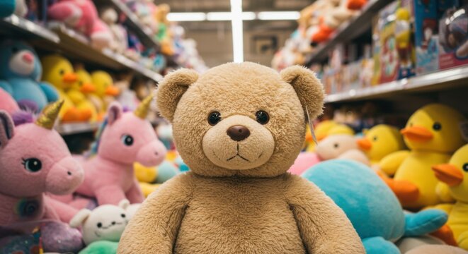 A teddy bear snuggled among colorful plush toys, bringing out the comforting emotions of nostalgia and the universal appeal of toys.