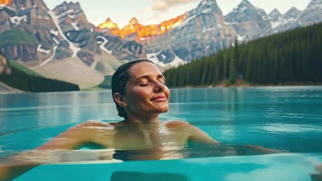 Woman relaxing in moraine lake at sunset, banff national park