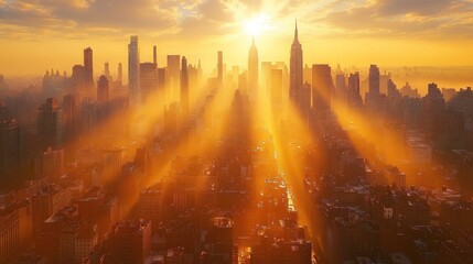 Sunrise over Manhattan skyline, cityscape bathed in golden light. Use Travel brochure