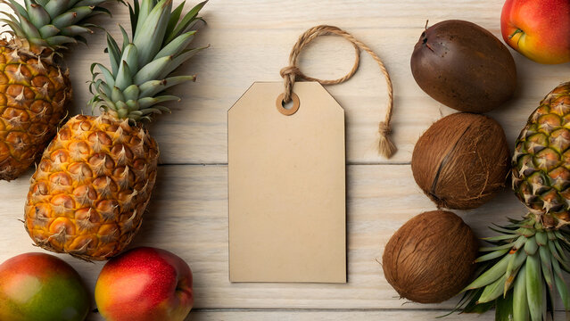 Blank paper tag mockup surrounded by fresh tropical fruits: pineapples, coconuts, mangoes, and kiwi, on a wooden table. Ideal for price tags or product promotion.