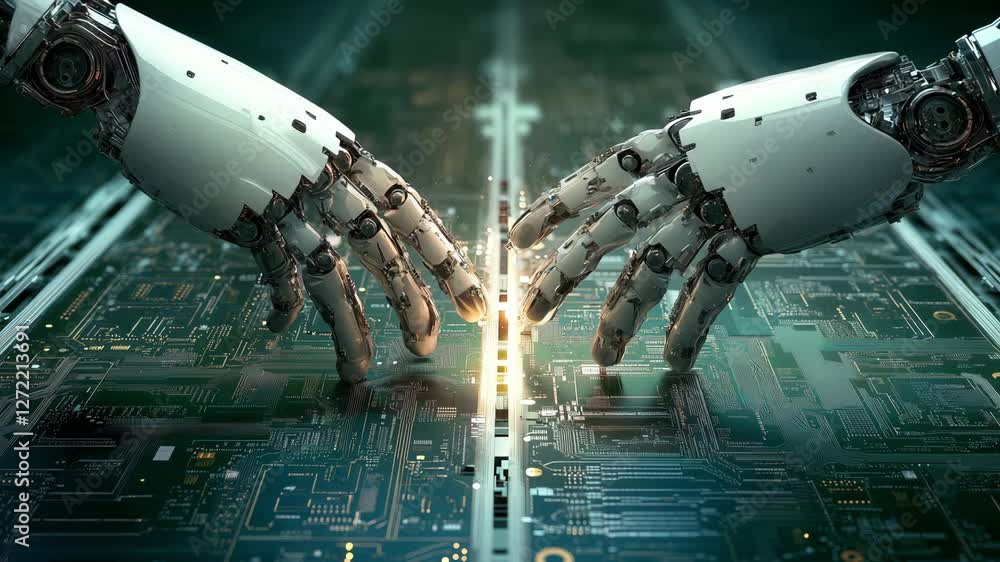 Poster two robotic hands reach towards each other above a circuit board illuminated by a bright light, show