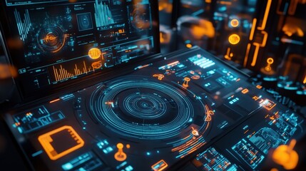 Displaying complex data on a futuristic control panel, illustrating advanced technological monitoring and analysis in a high tech cybersecurity environment