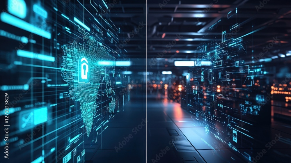 Poster complex digital interface displaying world map and security lock icon, representing global cyber sec