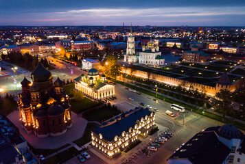 Night aerial view of Tula cityscape overlooking medieval Kremlin and Holy Assumption Cathedral, Russia