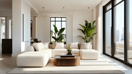 Modern minimalist living room with large windows and indoor plants