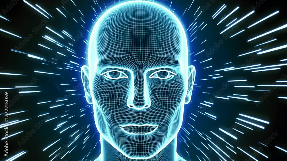Poster digital representation of a human head with glowing lines and patterns symbolizing technology and hu