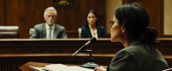 Obraz premium In a high-stakes trial, a lawyer is passionately defending their client, presenting arguments at the forefront while the judge and opposing counsel listen intently from their seats